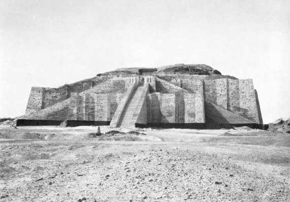 The reconstructed ziggurat at ancient Ur (present-day Tell al-Muqayyar).  (Source: photographed by Max Hirmer, published in <i>Ur : Aufnahmen von Max Hirmer</i> by Eva Strommenger, Hirmer Verlag, 1964)